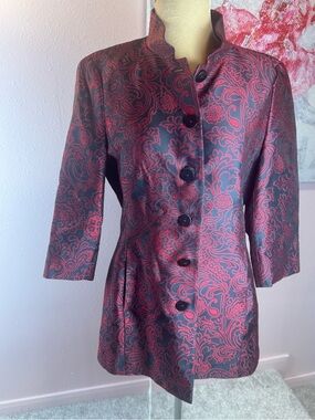 Nina Mclemore 100% Silk Red and Black Brocade Jacket